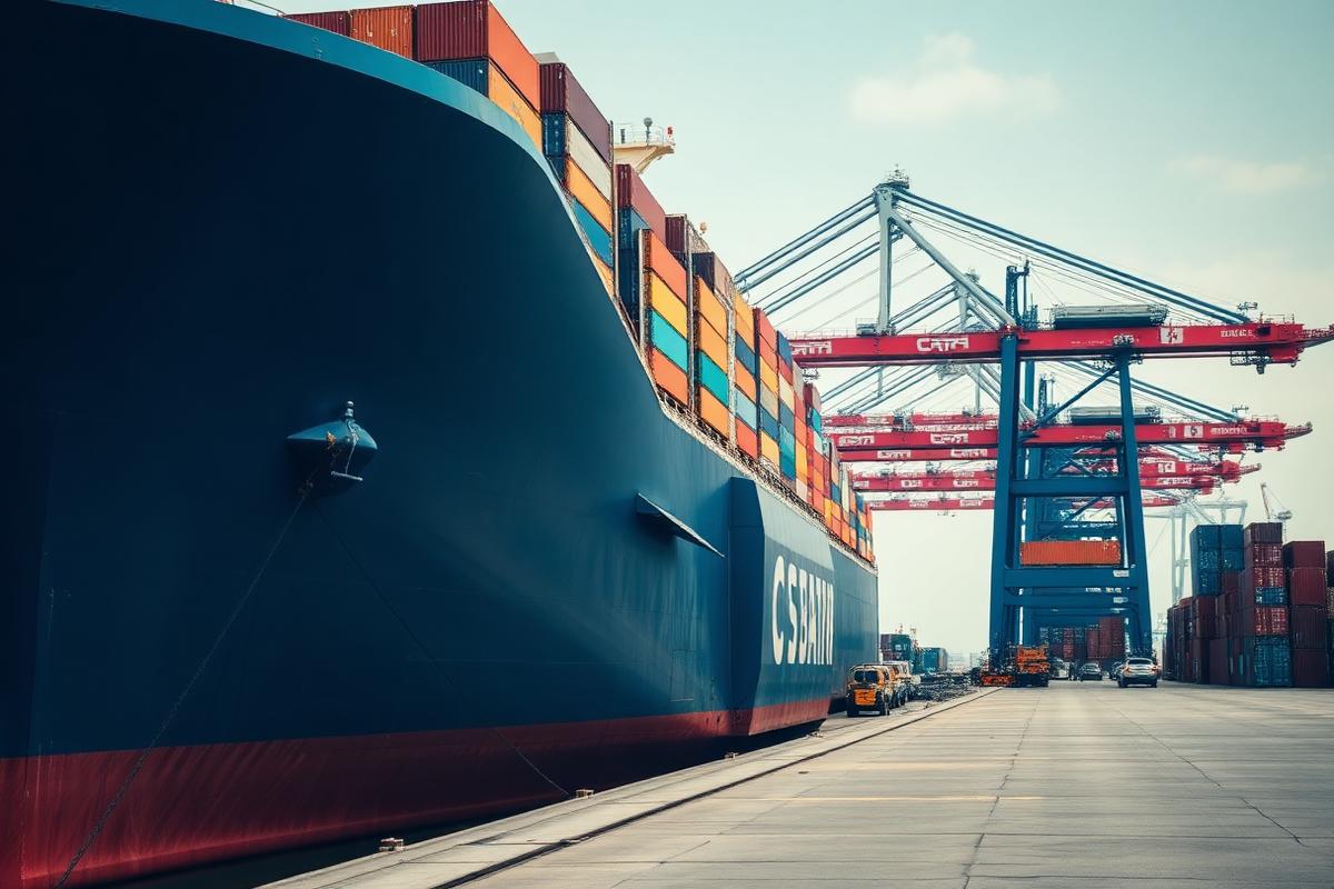Navio porta-contêineres atracado em terminal com portêineres
